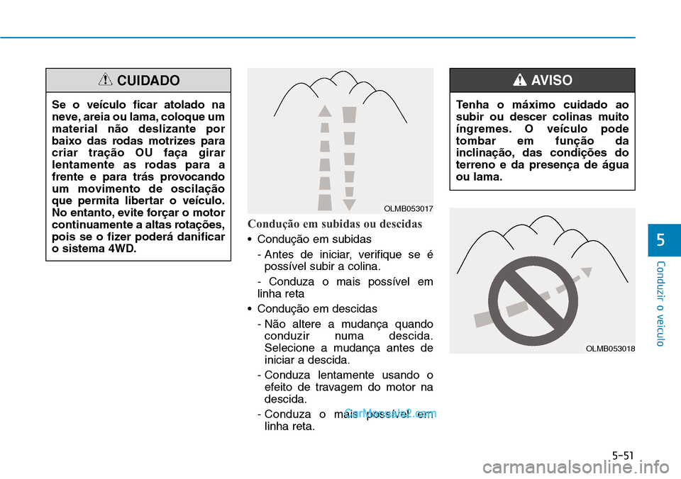 Hyundai Kona 2018  Manual do proprietário (in Portuguese) 5-51
Conduzir o veículo
5
Condução em subidas ou descidas
• Conduç