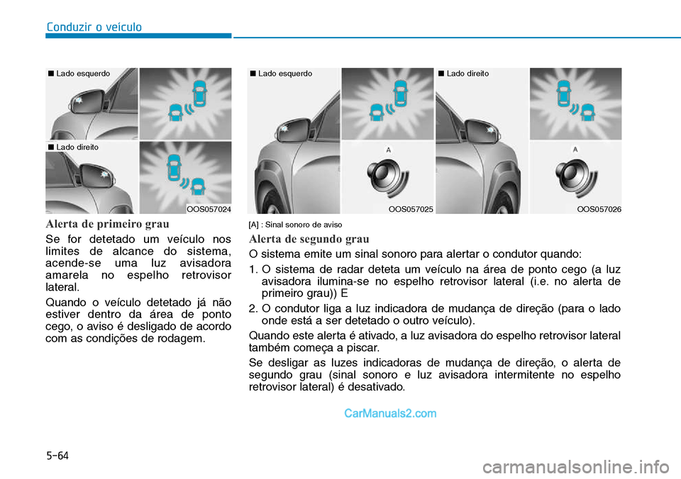 Hyundai Kona 2018  Manual do proprietário (in Portuguese) 5-64
Conduzir o veículo
Alerta de primeiro grau
Se for detetado um veículo nos limites de alcance do sistema,
acende-se uma luz avisadora
amarela no espelho retrovisor
lateral. 
Quando o veículo de