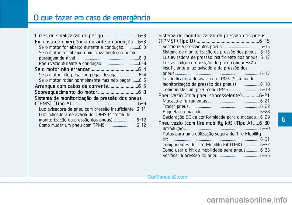 Hyundai Kona 2018 Manual do proprietário (in Portuguese) O que fazer em caso de emergência
Luzes de sinalização de perigo ..........................6-3
Em caso de emergência durante a condução ...6-3Se o motor for abaixo durante a condução........ Hyundai Kona 2018 Manual do proprietário (in Portuguese) O que fazer em caso de emergência
Luzes de sinalização de perigo ..........................6-3
Em caso de emergência durante a condução ...6-3Se o motor for abaixo durante a condução........