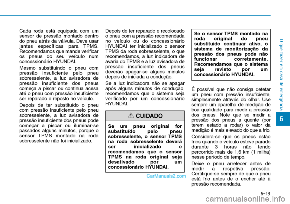 Hyundai Kona 2018  Manual do proprietário (in Portuguese) 6-13
O que fazer em caso de emergência
6
Cada roda está equipada com um sensor de press