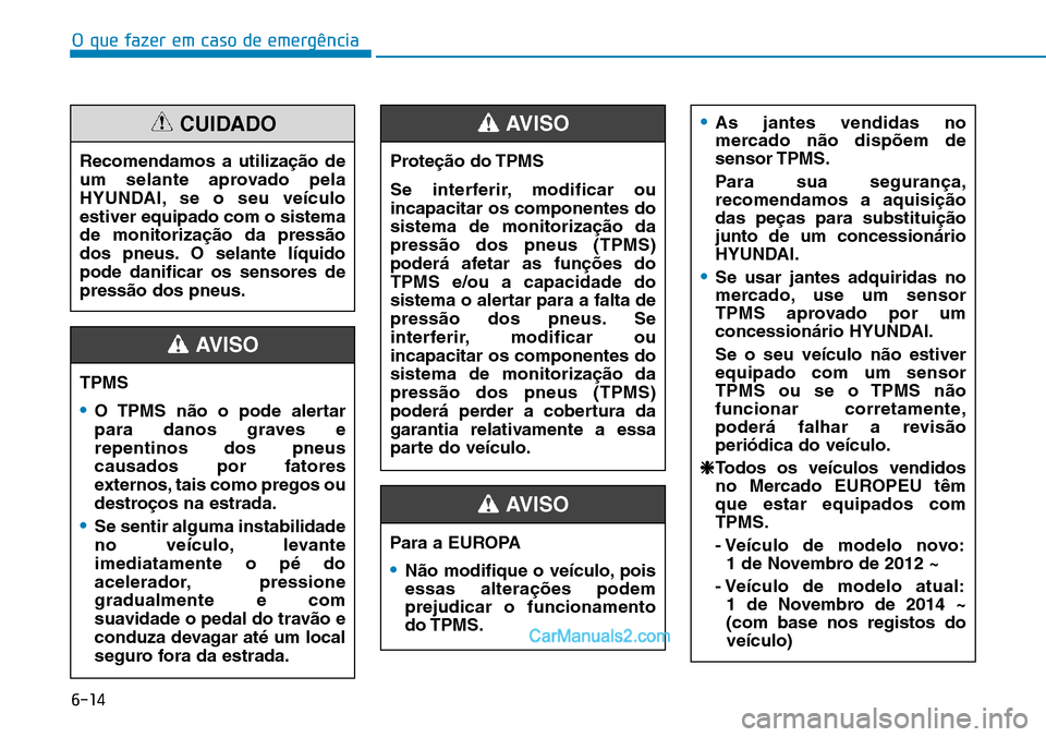Hyundai Kona 2018  Manual do proprietário (in Portuguese) O que fazer em caso de emergência
6-14
TPMS
•O TPMS n