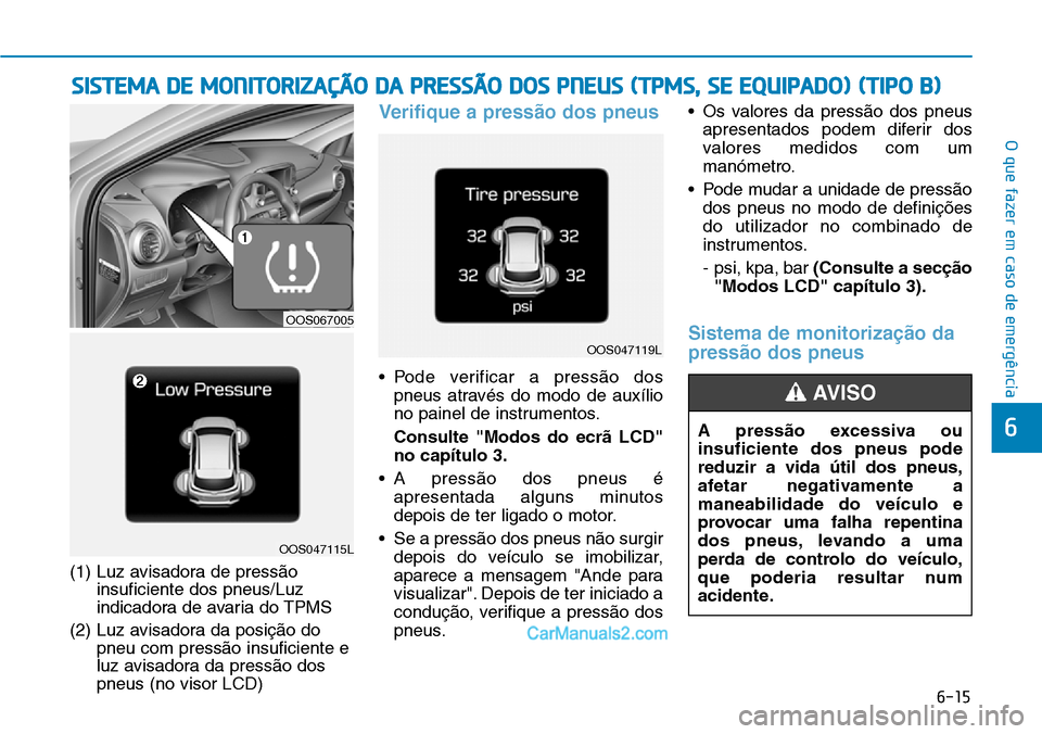 Hyundai Kona 2018  Manual do proprietário (in Portuguese) 6-15
O que fazer em caso de emergência
6
(1) Luz avisadora de press