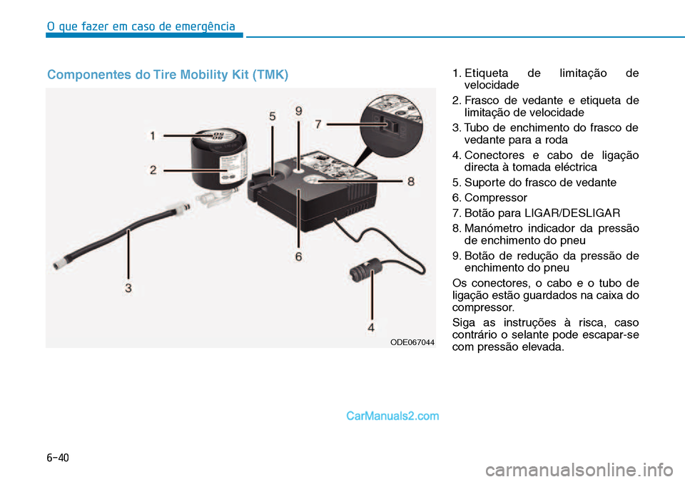 Hyundai Kona 2018  Manual do proprietário (in Portuguese) O que fazer em caso de emergência
6-40
1. Etiqueta de limitaç