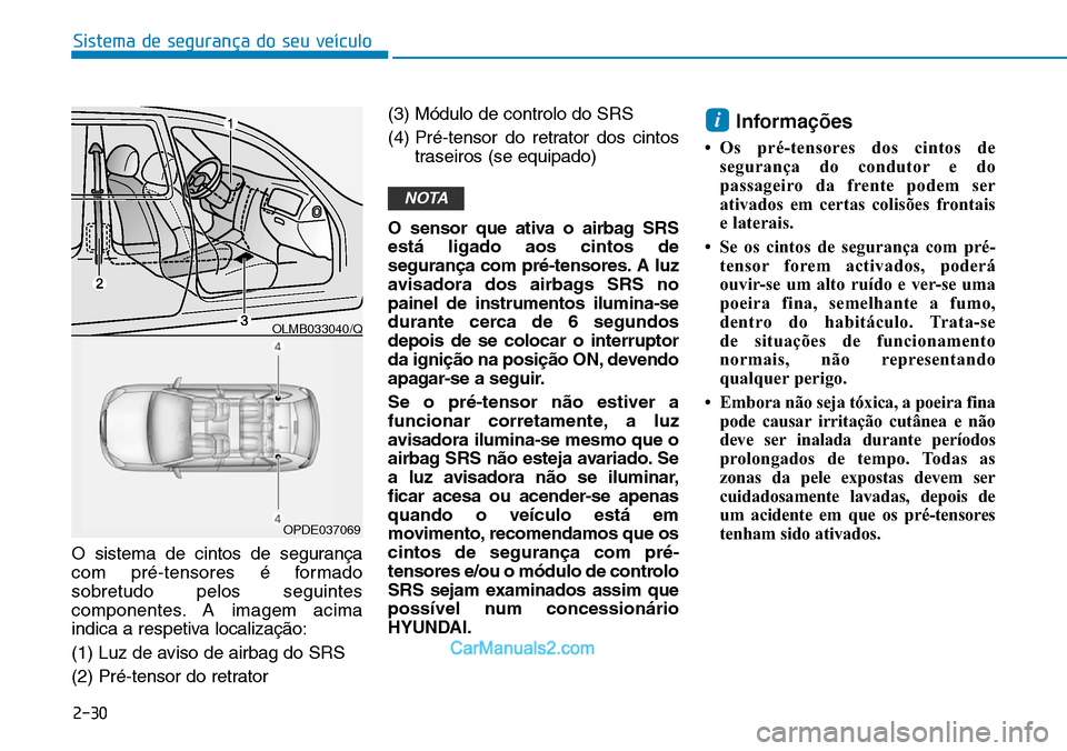 Hyundai Kona 2018  Manual do proprietário (in Portuguese) Sistema de segurança do seu veículo
2-30
O sistema de cintos de segurança 
com pré-tensores é formadosobretudo pelos seguintes
componentes. A imagem acima
indica a respetiva localizaç