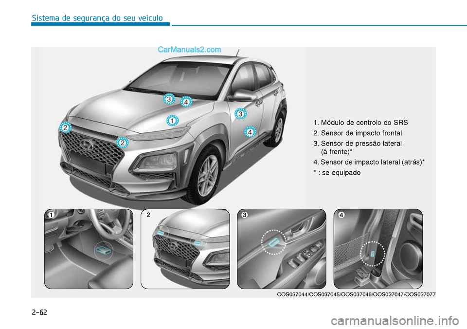 Hyundai Kona 2018  Manual do proprietário (in Portuguese) Sistema de segurança do seu veículo
2-62
1. Módulo de controlo do SRS 
2. Sensor de impacto frontal
3. Sensor de press