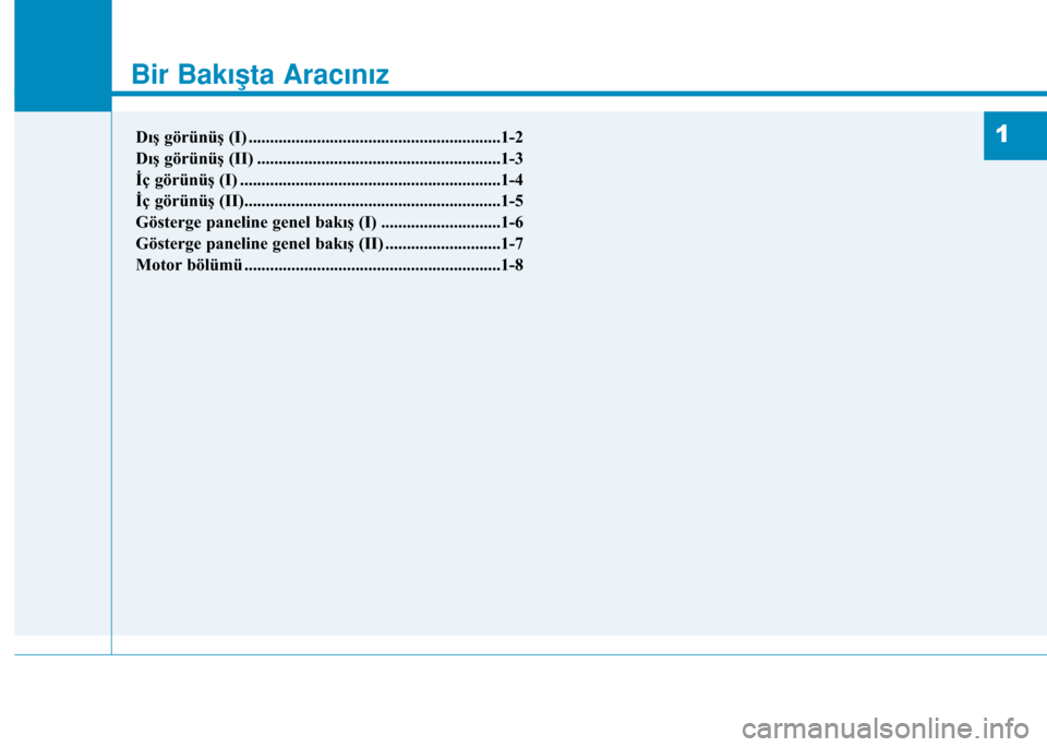 Hyundai Kona 2018  Kullanım Kılavuzu (in Turkish) Bir Bakışta Aracınız
1
Bir Bakışta Aracınız
1Dış görünüş (I) ...........................................................1-2
Dış görünüş (II) .......................................