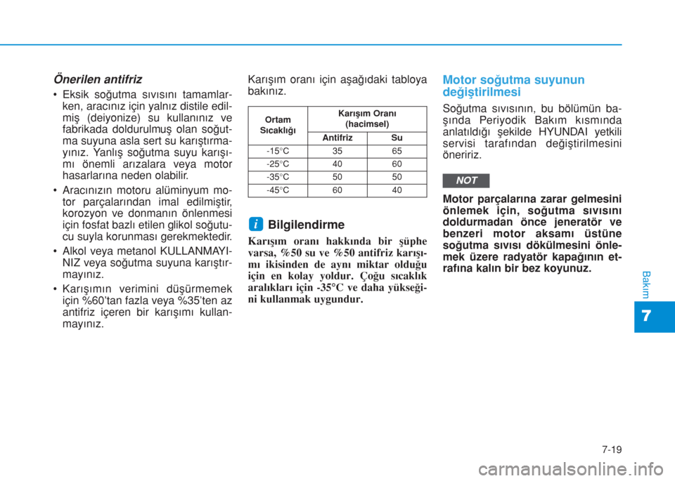 Hyundai Kona 2018 Kullanım Kılavuzu (in Turkish) 7-19
7
Bakım
Önerilen antifriz
• Eksik soğutma sıvısını tamamlar-
ken, aracınız için yalnız distile edil-
miş (deiyonize) su kullanınız ve
fabrikada doldurulmuş olan soğut-
ma suyuna Hyundai Kona 2018 Kullanım Kılavuzu (in Turkish) 7-19
7
Bakım
Önerilen antifriz
• Eksik soğutma sıvısını tamamlar-
ken, aracınız için yalnız distile edil-
miş (deiyonize) su kullanınız ve
fabrikada doldurulmuş olan soğut-
ma suyuna