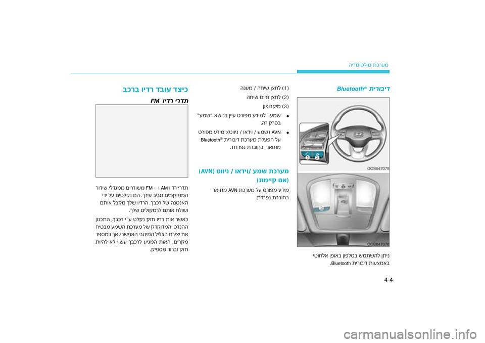 Hyundai Kona 2018  הוראות תפעול לנהג 4
4-
רעמ
הידמיטל\bמ תכ
 תירו\fיד
Bluetooth
®
(1)
הנעמ / החיש ןצחל
(2)
החיש ם\bי\f ןצחל
(3)ן\bפ\bרקימ£
“עמש