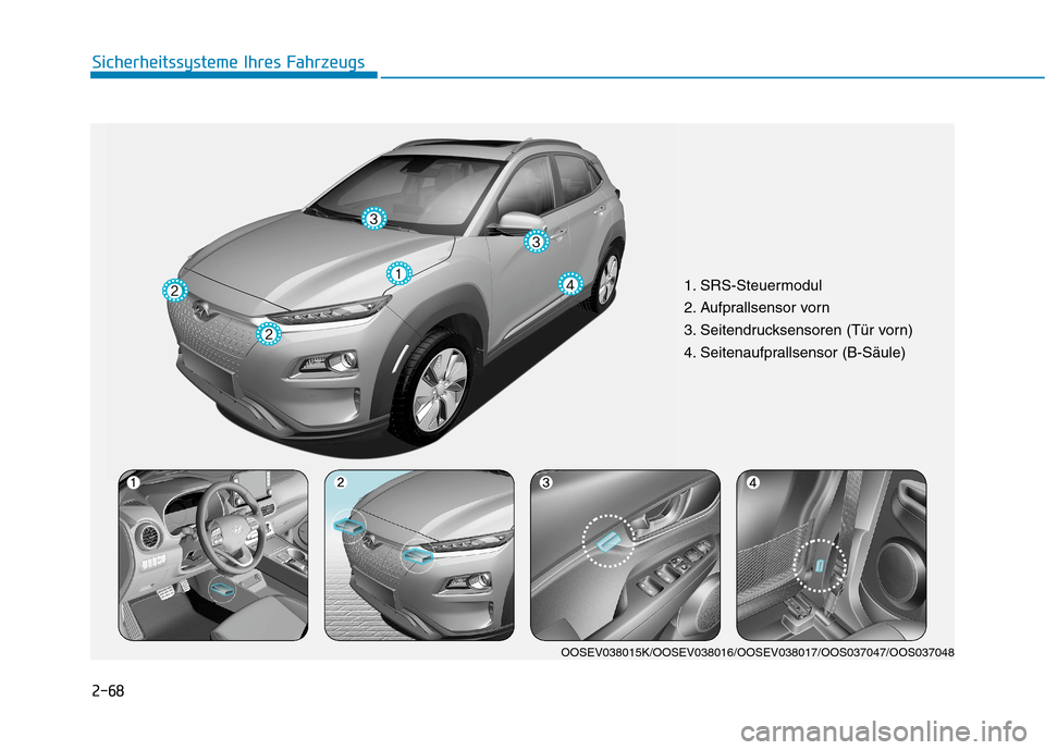 Hyundai Kona EV 2020  Betriebsanleitung (in German) 2-68
Sicherheitssysteme Ihres Fahrzeugs
1. SRS-Steuermodul
2. Aufprallsensor vorn
3. Seitendrucksensoren (Tür vorn)
4. Seitenaufprallsensor (B-Säule)
OOSEV038015K/OOSEV038016/OOSEV038017/OOS037047/O