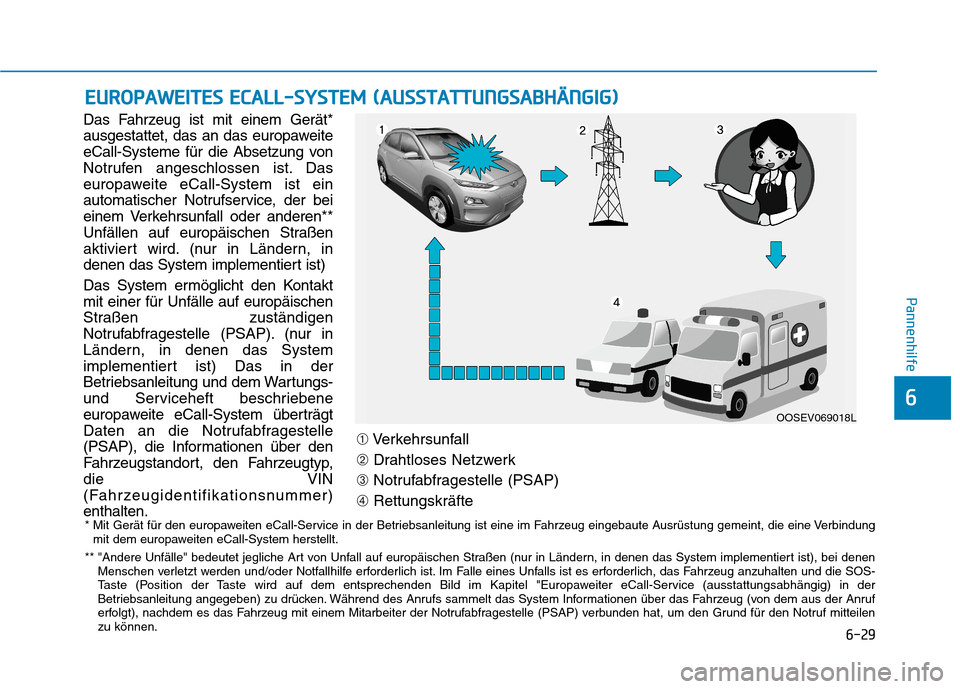 Hyundai Kona EV 2020  Betriebsanleitung (in German) 6-29
Pannenhilfe
Das Fahrzeug ist mit einem Gerät*
ausgestattet, das an das europaweite
eCall-Systeme für die Absetzung von
Notrufen angeschlossen ist. Das
europaweite eCall-System ist ein
automatis