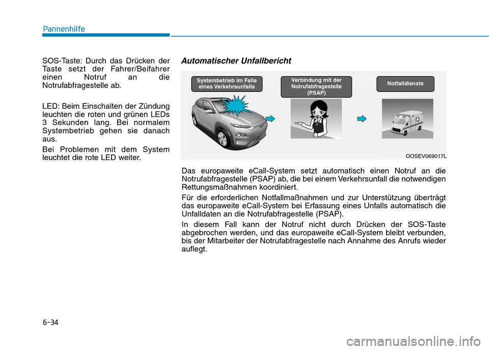 Hyundai Kona EV 2020  Betriebsanleitung (in German) 6-34
SOS-Taste: Durch das Drücken der
Taste setzt der Fahrer/Beifahrer
einen Notruf an die
Notrufabfragestelle ab.
LED: Beim Einschalten der Zündung
leuchten die roten und grünen LEDs
3 Sekunden la