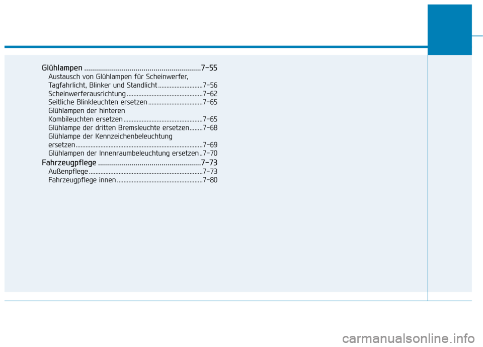 Hyundai Kona EV 2020  Betriebsanleitung (in German) Glühlampen ...........................................................7-55
Austausch von Glühlampen für Scheinwerfer,
Tagfahrlicht, Blinker und Standlicht ...........................7-56
Scheinwerf