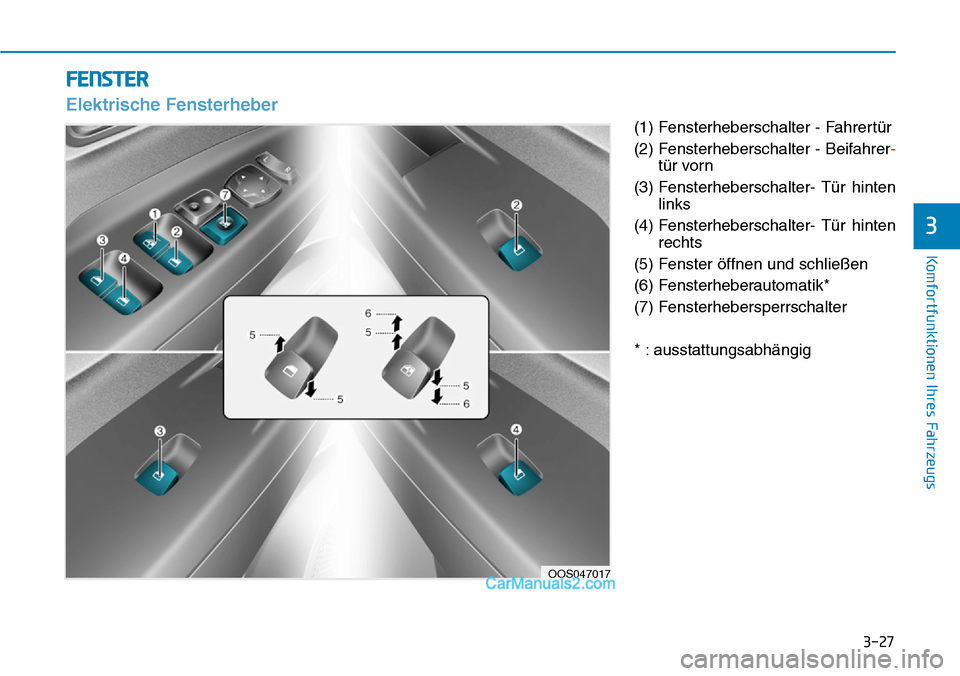 Hyundai Kona EV 2019  Betriebsanleitung (in German) 3-27
Komfortfunktionen Ihres Fahrzeugs
3
(1) Fensterheberschalter - Fahrertür
(2) Fensterheberschalter - Beifahrer-
tür vorn
(3) Fensterheberschalter- Tür  hinten
links
(4) Fensterheberschalter- T