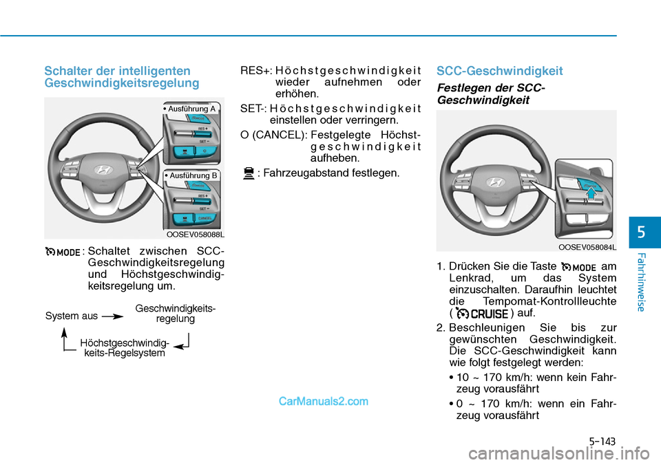 Hyundai Kona EV 2019  Betriebsanleitung (in German) 5-143
Fahrhinweise
5
Schalter der intelligenten
Geschwindigkeitsregelung
: Schaltet zwischen SCC-
Geschwindigkeitsregelung
und Höchstgeschwindig-
keitsregelung um.RES+:Höchstgeschwindigkeit
wieder a
