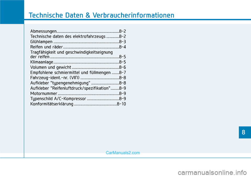 Hyundai Kona EV 2019 Betriebsanleitung (in German) 8
Technische Daten & Verbraucherinformationen
8
Technische Daten & Verbraucherinformationen
8
Abmessungen..........................................................8-2
Technische daten des elektrofahrz Hyundai Kona EV 2019 Betriebsanleitung (in German) 8
Technische Daten & Verbraucherinformationen
8
Technische Daten & Verbraucherinformationen
8
Abmessungen..........................................................8-2
Technische daten des elektrofahrz