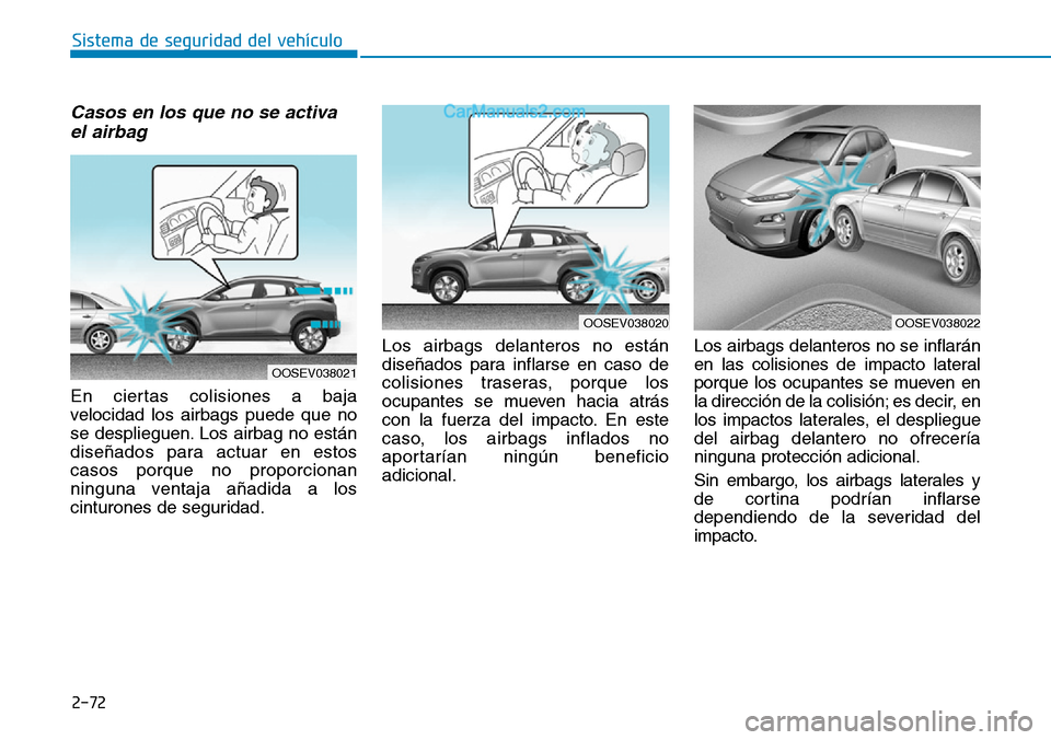 Hyundai Kona EV 2019  Manual del propietario (in Spanish) 2-72
Sistema de seguridad del vehículo
Casos en los que no se activa
el airbag 
En ciertas colisiones a baja
velocidad los airbags puede que no
se desplieguen. Los airbag no están
diseñados para ac