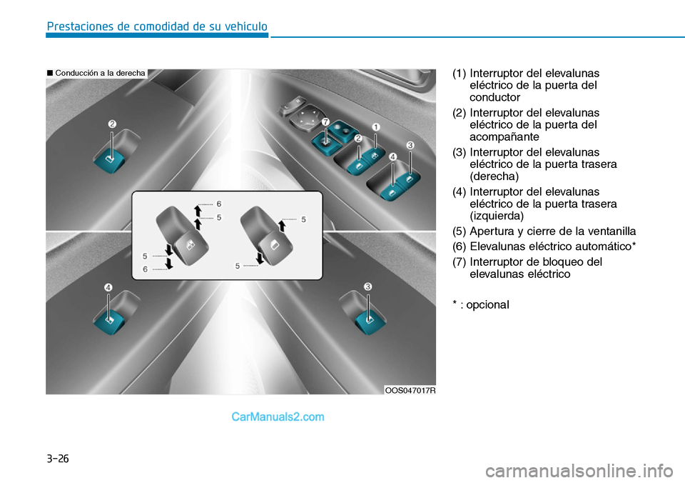 Hyundai Kona EV 2019  Manual del propietario (in Spanish) 3-26
Prestaciones de comodidad de su vehículo 
(1) Interruptor del elevalunas
eléctrico de la puerta del
conductor
(2) Interruptor del elevalunas
eléctrico de la puerta del
acompañante
(3) Interru