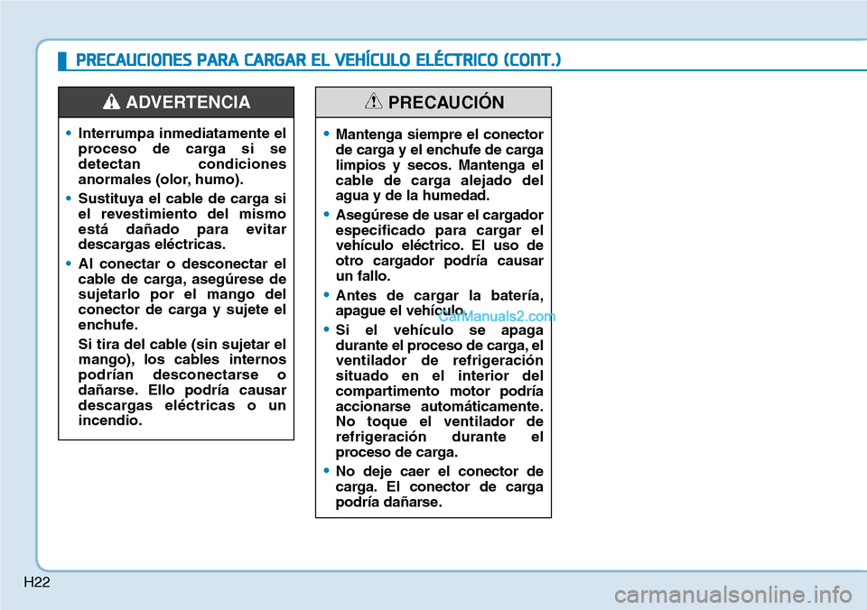 Hyundai Kona EV 2019  Manual del propietario (in Spanish) H22
•Interrumpa inmediatamente el
proceso de carga si se
detectan condiciones
anormales (olor, humo).
•Sustituya el cable de carga si
el revestimiento del mismo
está dañado para evitar
descargas