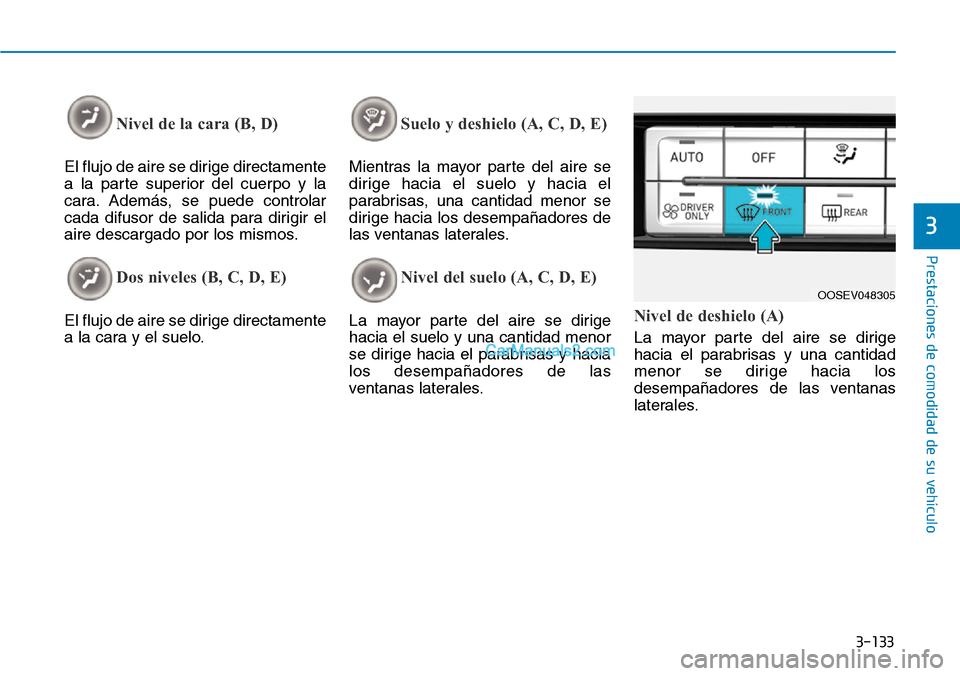 Hyundai Kona EV 2019  Manual del propietario (in Spanish) 3-133
Prestaciones de comodidad de su vehículo 
3
Nivel de la cara (B, D) 
El flujo de aire se dirige directamente
a la parte superior del cuerpo y la
cara. Además, se puede controlar
cada difusor d