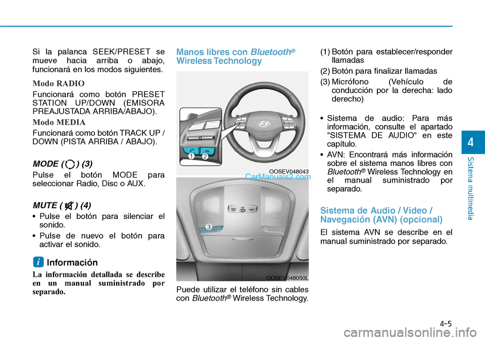 Hyundai Kona EV 2019 Manual del propietario (in Spanish) 4-5
Sistema multimedia
4
Si la palanca SEEK/PRESET se
mueve hacia arriba o abajo,
funcionará en los modos siguientes.
Modo RADIO
Funcionará como botón PRESET
STATION UP/DOWN (EMISORA
PREAJUSTADA AR Hyundai Kona EV 2019 Manual del propietario (in Spanish) 4-5
Sistema multimedia
4
Si la palanca SEEK/PRESET se
mueve hacia arriba o abajo,
funcionará en los modos siguientes.
Modo RADIO
Funcionará como botón PRESET
STATION UP/DOWN (EMISORA
PREAJUSTADA AR