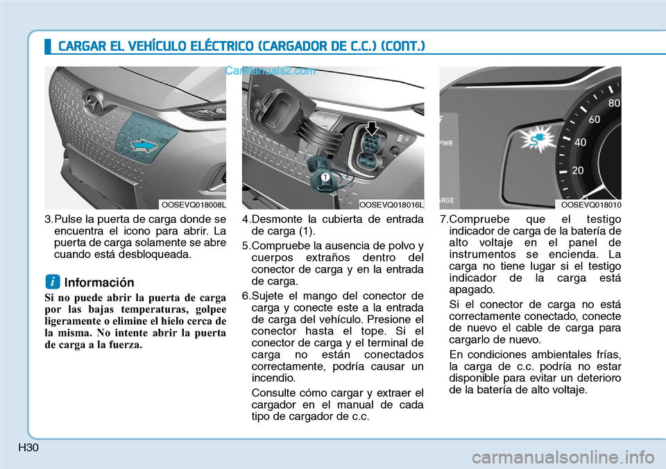 Hyundai Kona EV 2019  Manual del propietario (in Spanish) H30
CARGAR EL VEHÍCULO ELÉCTRICO (CARGADOR DE C.C.) (CONT.)
3.Pulse la puerta de carga donde se
encuentra el icono para abrir. La
puerta de carga solamente se abre
cuando est