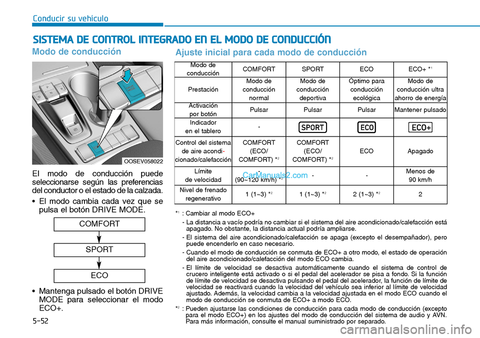Hyundai Kona EV 2019  Manual del propietario (in Spanish) 5-52
Conducir su vehículo
Modo de conducción
El modo de conducción puede
seleccionarse según las preferencias
del conductor o el estado de la calzada.
• El modo cambia cada vez que se
pulsa el b
