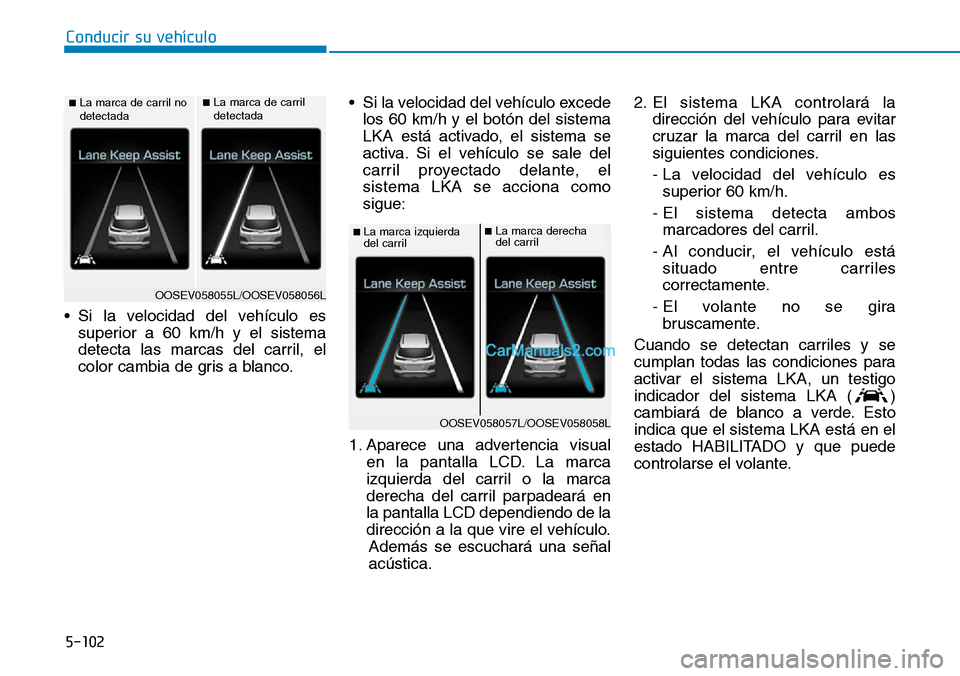 Hyundai Kona EV 2019  Manual del propietario (in Spanish) 5-102
Conducir su vehículo
• Si la velocidad del vehículo es
superior a 60 km/h y el sistema
detecta las marcas del carril, el
color cambia de gris a blanco.• Si la velocidad del vehículo exced