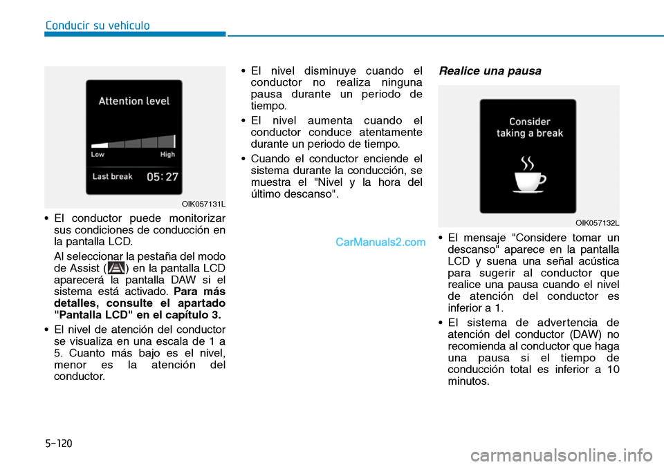 Hyundai Kona EV 2019  Manual del propietario (in Spanish) 5-120
Conducir su vehículo
• El conductor puede monitorizar
sus condiciones de conducción en
la pantalla LCD.
Al seleccionar la pestaña del modo
de Assist ( ) en la pantalla LCD
aparecerá la pan