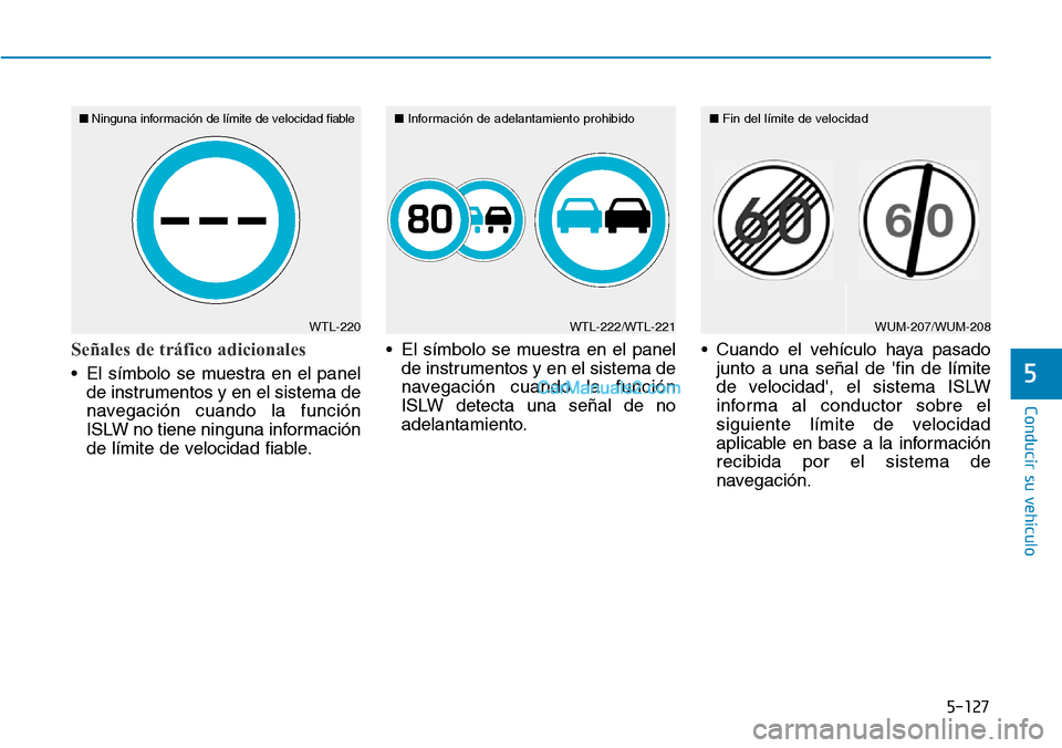 Hyundai Kona EV 2019  Manual del propietario (in Spanish) 5-127
Conducir su vehículo
5
Señales de tráfico adicionales
• El símbolo se muestra en el panel
de instrumentos y en el sistema de
navegación cuando la función
ISLW no tiene ninguna informaci