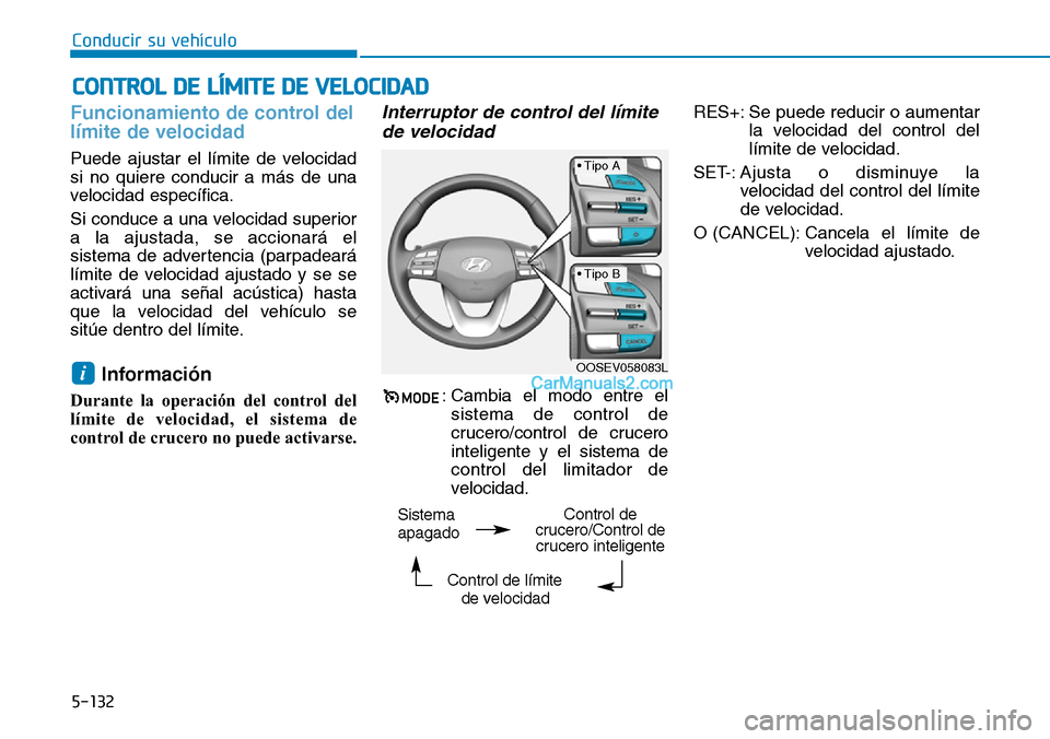 Hyundai Kona EV 2019  Manual del propietario (in Spanish) 5-132
Conducir su vehículo
Funcionamiento de control del
límite de velocidad
Puede ajustar el límite de velocidad
si no quiere conducir a más de una
velocidad específica.
Si conduce a una velocid