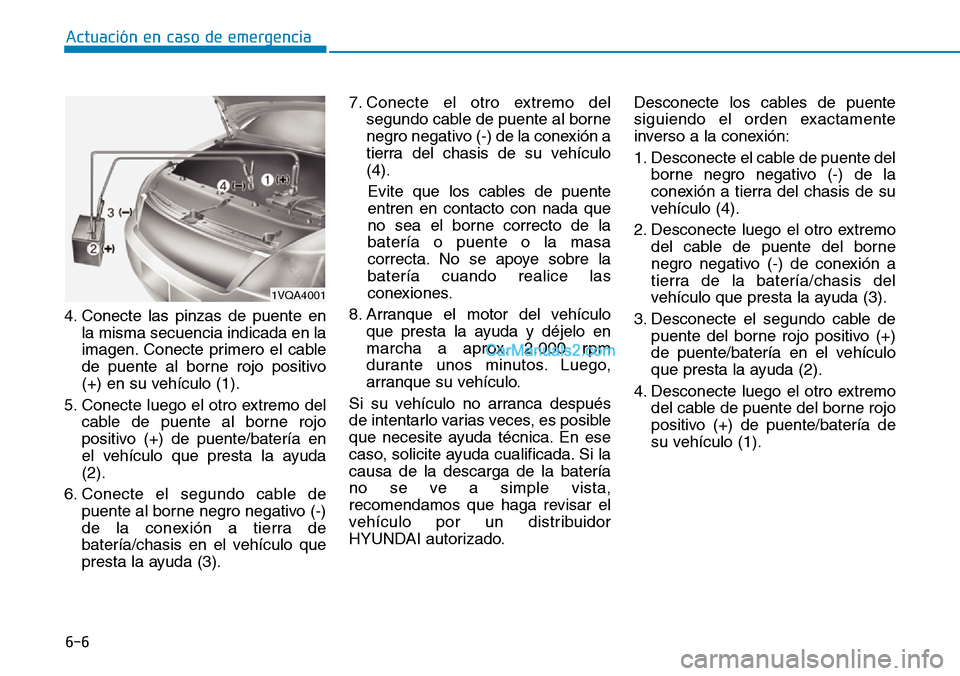 Hyundai Kona EV 2019  Manual del propietario (in Spanish) 6-6
Actuación en caso de emergencia 
4. Conecte las pinzas de puente en
la misma secuencia indicada en la
imagen. Conecte primero el cable
de puente al borne rojo positivo
(+) en su vehículo (1).
5.