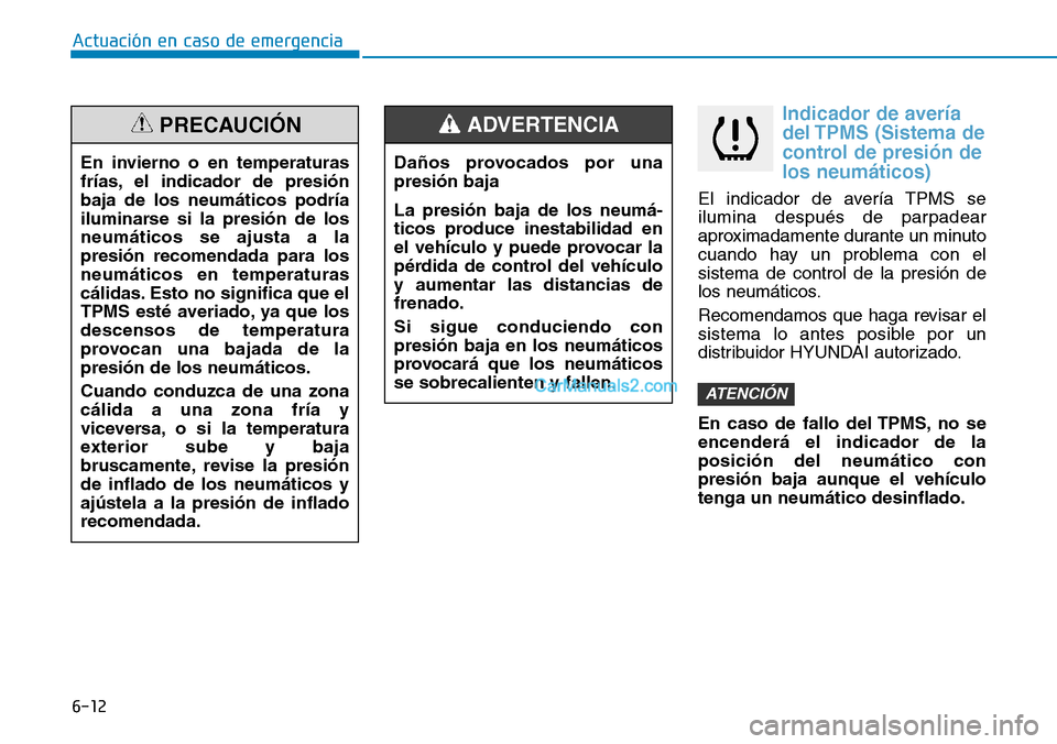 Hyundai Kona EV 2019  Manual del propietario (in Spanish) 6-12
Actuación en caso de emergencia 
Indicador de avería
del TPMS (Sistema de
control de presión de
los neumáticos)
El indicador de avería TPMS se
ilumina después de parpadear
aproximadamente d