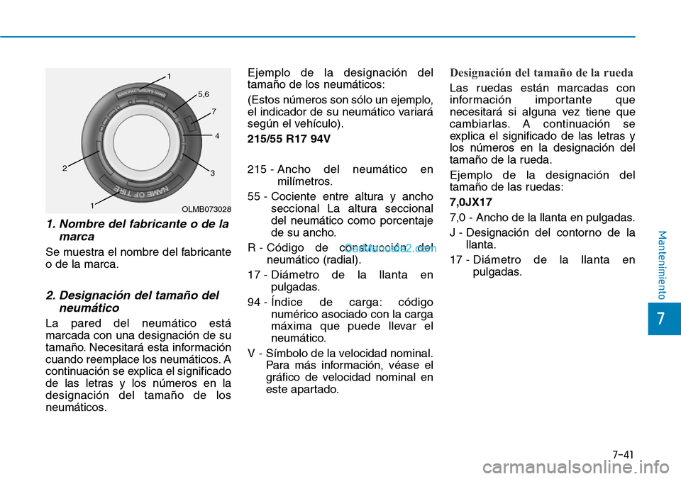 Hyundai Kona EV 2019  Manual del propietario (in Spanish) 7-41
7
Mantenimiento1. Nombre del fabricante o de la
marca
Se muestra el nombre del fabricante
o de la marca.
2. Designación del tamaño del
neumático
La pared del neumático está
marcada con una d
