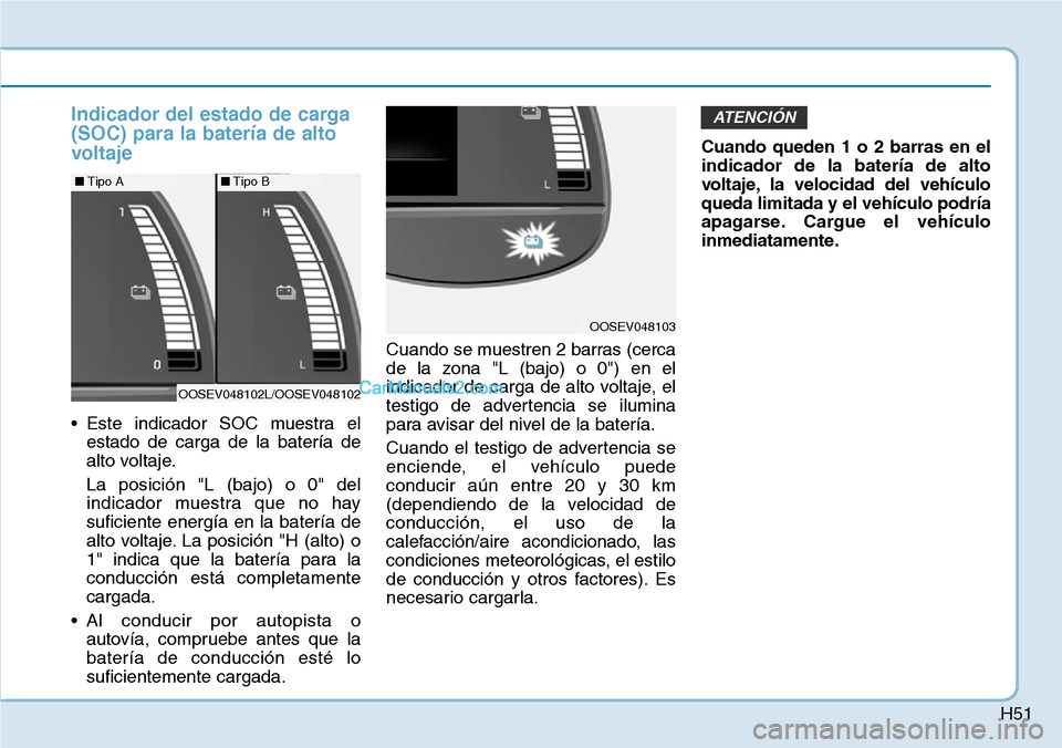 Hyundai Kona EV 2019  Manual del propietario (in Spanish) H51
Indicador del estado de carga
(SOC) para la batería de alto
voltaje
• Este indicador SOC muestra el
estado de carga de la batería de
alto voltaje.
La posición "L (bajo) o 0" del
indicador mue