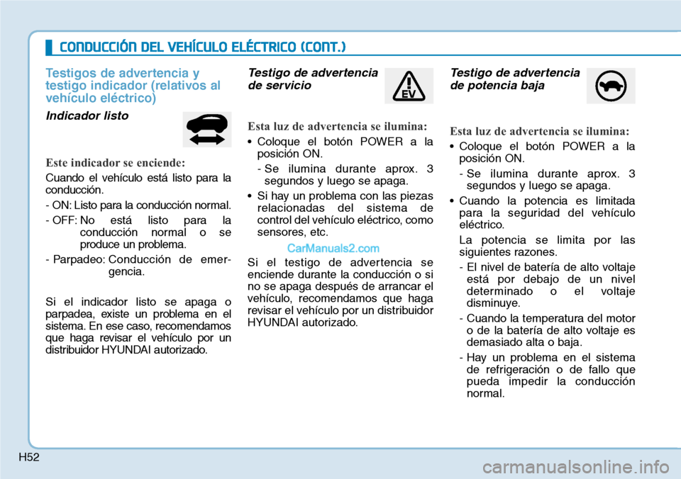 Hyundai Kona EV 2019  Manual del propietario (in Spanish) H52
CONDUCCIÓN DEL VEHÍCULO ELÉCTRICO (CONT.)
Testigos de advertencia y
testigo indicador (relativos al
vehículo eléctrico)
Indicador listo
Este indicador se enciende:
Cuando el vehículo está l