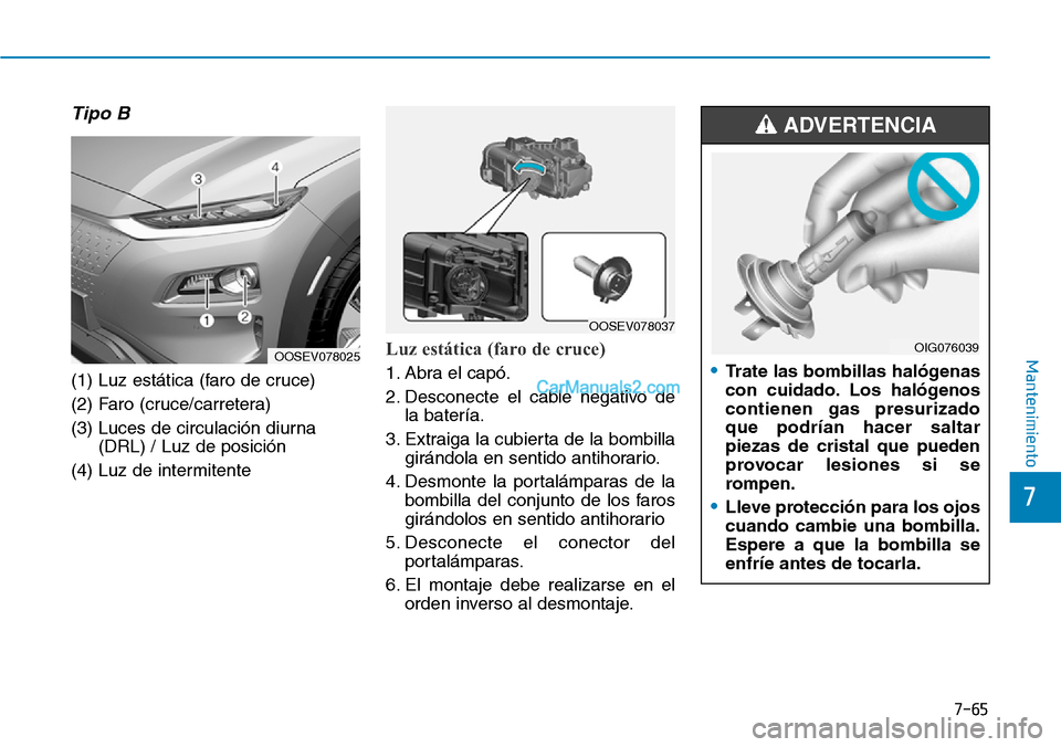 Hyundai Kona EV 2019  Manual del propietario (in Spanish) 7-65
7
Mantenimiento
Tipo B
(1) Luz estática (faro de cruce)
(2) Faro (cruce/carretera)
(3) Luces de circulación diurna
(DRL) / Luz de posición
(4) Luz de intermitente
Luz estática (faro de cruce)