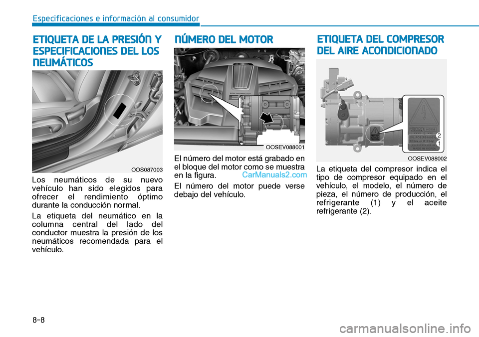 Hyundai Kona EV 2019  Manual del propietario (in Spanish) Los neumáticos de su nuevo
vehículo han sido elegidos para
ofrecer el rendimiento óptimo
durante la conducción normal.
La etiqueta del neumático en la
columna central del lado del
conductor muest