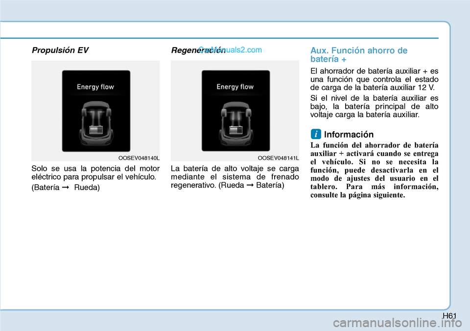 Hyundai Kona EV 2019  Manual del propietario (in Spanish) H61
Propulsión EV
Solo se usa la potencia del motor
eléctrico para propulsar el vehículo.
(Batería ➞Rueda)
Regeneración
La batería de alto voltaje se carga
mediante el sistema de frenado
regen