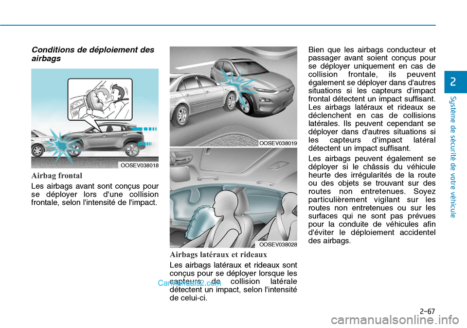 Hyundai Kona EV 2019 Manuel du propriétaire (in French) 2-67
Système de sécurité de votre véhicule
2
Conditions de déploiement des
airbags
Airbag frontal
Les airbags avant sont conçus pour
se déployer lors dune collision
frontale, selon linten Hyundai Kona EV 2019 Manuel du propriétaire (in French) 2-67
Système de sécurité de votre véhicule
2
Conditions de déploiement des
airbags
Airbag frontal
Les airbags avant sont conçus pour
se déployer lors dune collision
frontale, selon linten