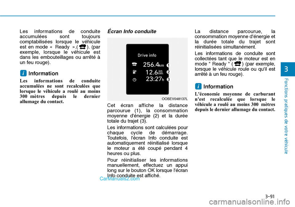 Hyundai Kona EV 2019 Manuel du propriétaire (in French) 3-91
Fonctions pratiques de votre véhicule
3
Les informations de conduite
accumulées sont toujours
comptabilisées lorsque le véhicule
est en mode « Ready ».( ). (par
exemple, lorsque le véhicu Hyundai Kona EV 2019 Manuel du propriétaire (in French) 3-91
Fonctions pratiques de votre véhicule
3
Les informations de conduite
accumulées sont toujours
comptabilisées lorsque le véhicule
est en mode « Ready ».( ). (par
exemple, lorsque le véhicu