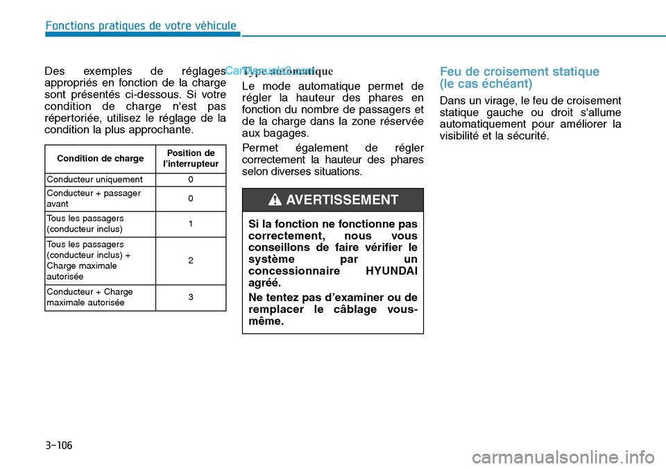 Hyundai Kona EV 2019 Manuel du propriétaire (in French) 3-106
Fonctions pratiques de votre véhicule
Des exemples de réglages
appropriés en fonction de la charge
sont présentés ci-dessous. Si votre
condition de charge nest pas
répertoriée, utilisez Hyundai Kona EV 2019 Manuel du propriétaire (in French) 3-106
Fonctions pratiques de votre véhicule
Des exemples de réglages
appropriés en fonction de la charge
sont présentés ci-dessous. Si votre
condition de charge nest pas
répertoriée, utilisez