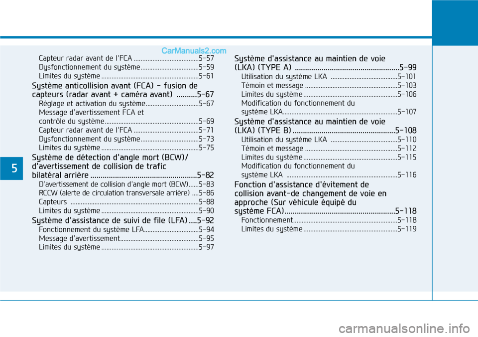 Hyundai Kona EV 2019 Manuel du propriétaire (in French) 5
Capteur radar avant de lFCA ......................................5-57
Dysfonctionnement du système..................................5-59
Limites du système ...................................... Hyundai Kona EV 2019 Manuel du propriétaire (in French) 5
Capteur radar avant de lFCA ......................................5-57
Dysfonctionnement du système..................................5-59
Limites du système ......................................