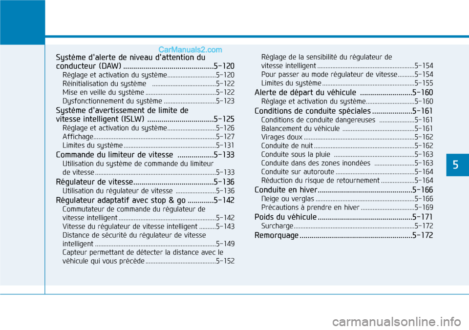 Hyundai Kona EV 2019 Manuel du propriétaire (in French) Système dalerte de niveau dattention du
conducteur (DAW) .............................................5-120
Réglage et activation du système.............................5-120
Réinitialisation du Hyundai Kona EV 2019 Manuel du propriétaire (in French) Système dalerte de niveau dattention du
conducteur (DAW) .............................................5-120
Réglage et activation du système.............................5-120
Réinitialisation du