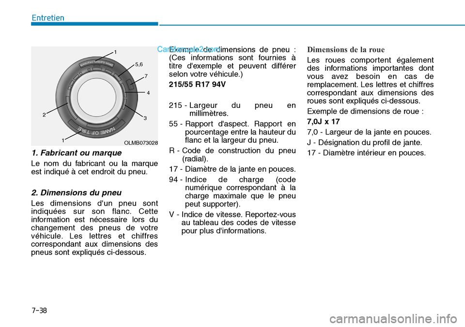 Hyundai Kona EV 2019 Manuel du propriétaire (in French) 7-38
Entretien
1. Fabricant ou marque
Le nom du fabricant ou la marque
est indiqué à cet endroit du pneu.
2. Dimensions du pneu
Les dimensions dun pneu sont
indiquées sur son flanc. Cette
informat Hyundai Kona EV 2019 Manuel du propriétaire (in French) 7-38
Entretien
1. Fabricant ou marque
Le nom du fabricant ou la marque
est indiqué à cet endroit du pneu.
2. Dimensions du pneu
Les dimensions dun pneu sont
indiquées sur son flanc. Cette
informat