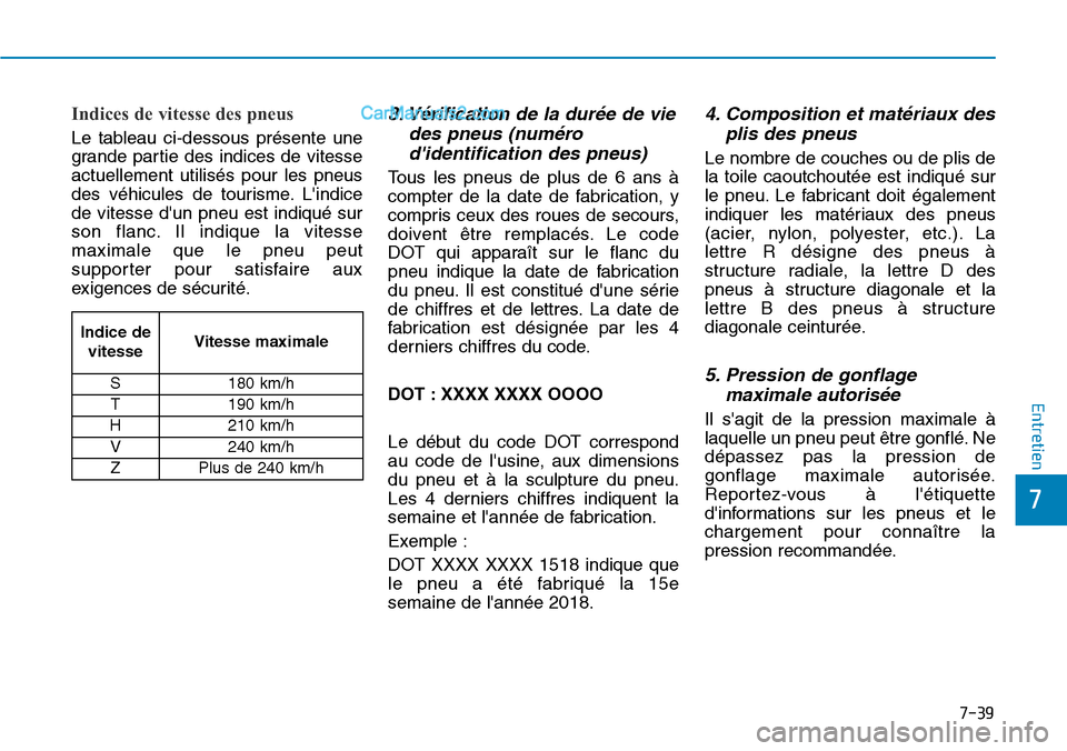 Hyundai Kona EV 2019 Manuel du propriétaire (in French) 7-39
7
Entretien
Indices de vitesse des pneus
Le tableau ci-dessous présente une
grande partie des indices de vitesse
actuellement utilisés pour les pneus
des véhicules de tourisme. Lindice
de vit Hyundai Kona EV 2019 Manuel du propriétaire (in French) 7-39
7
Entretien
Indices de vitesse des pneus
Le tableau ci-dessous présente une
grande partie des indices de vitesse
actuellement utilisés pour les pneus
des véhicules de tourisme. Lindice
de vit