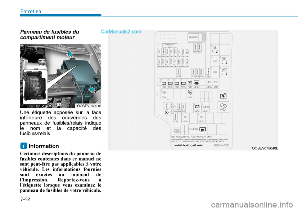 Hyundai Kona EV 2019  Manuel du propriétaire (in French) 7-52
Entretien
Panneau de fusibles du
compartiment moteur
Une étiquette apposée sur la face
intérieure des couvercles des
panneaux de fusibles/relais indique
le nom et la capacité des
fusibles/rel