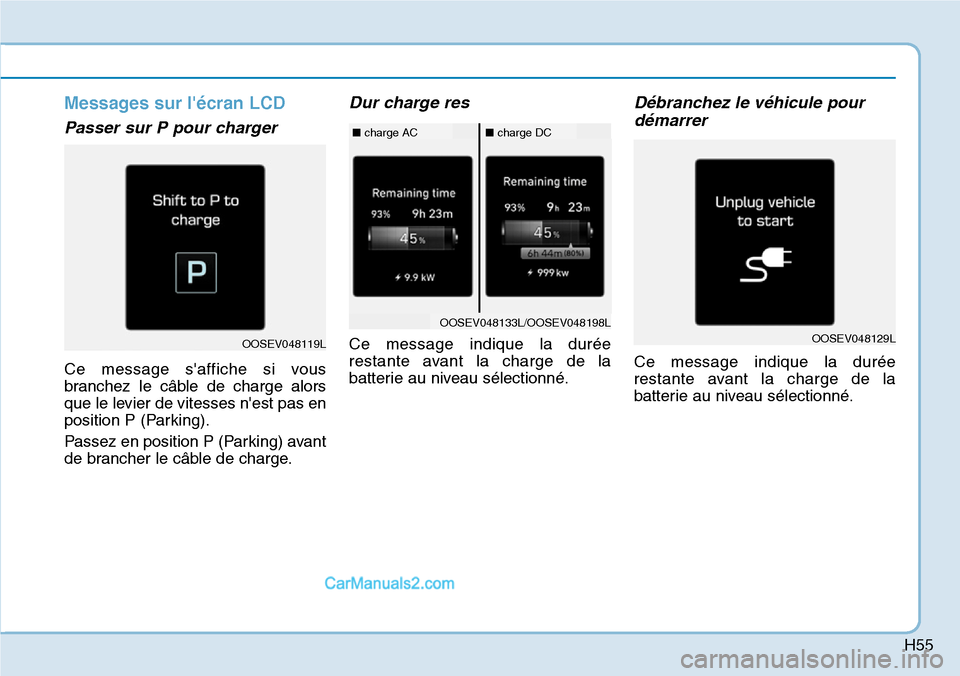 Hyundai Kona EV 2019  Manuel du propriétaire (in French) H55
Messages sur lécran LCD
Passer sur P pour charger 
Ce message saffiche si vous
branchez le câble de charge alors
que le levier de vitesses nest pas en
position P (Parking).
Passez en position