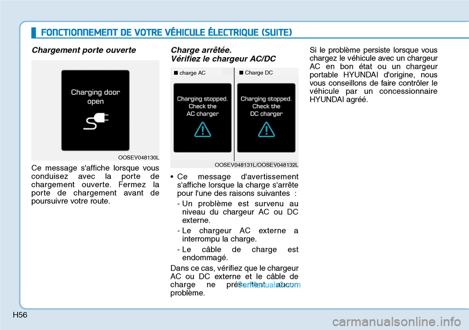 Hyundai Kona EV 2019  Manuel du propriétaire (in French) H56
FONCTIONNEMENT DE VOTRE VÉHICULE ÉLECTRIQUE (SUITE)
Chargement porte ouverte 
Ce message saffiche lorsque vous
conduisez avec la porte de
chargement ouverte. Fermez la
porte de chargement avant