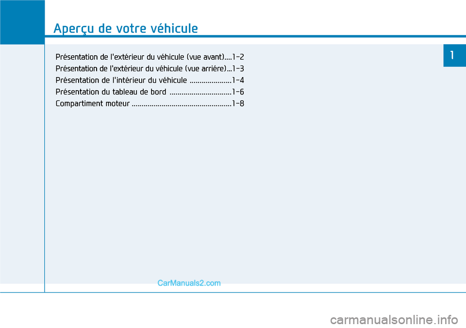 Hyundai Kona EV 2019  Manuel du propriétaire (in French) Aperçu de votre véhicule
1
Aperçu de votre véhicule 
1Présentation de lextérieur du véhicule (vue avant)....1-2
Présentation de lextérieur du véhicule (vue arriére) ...1-3
Présentation d