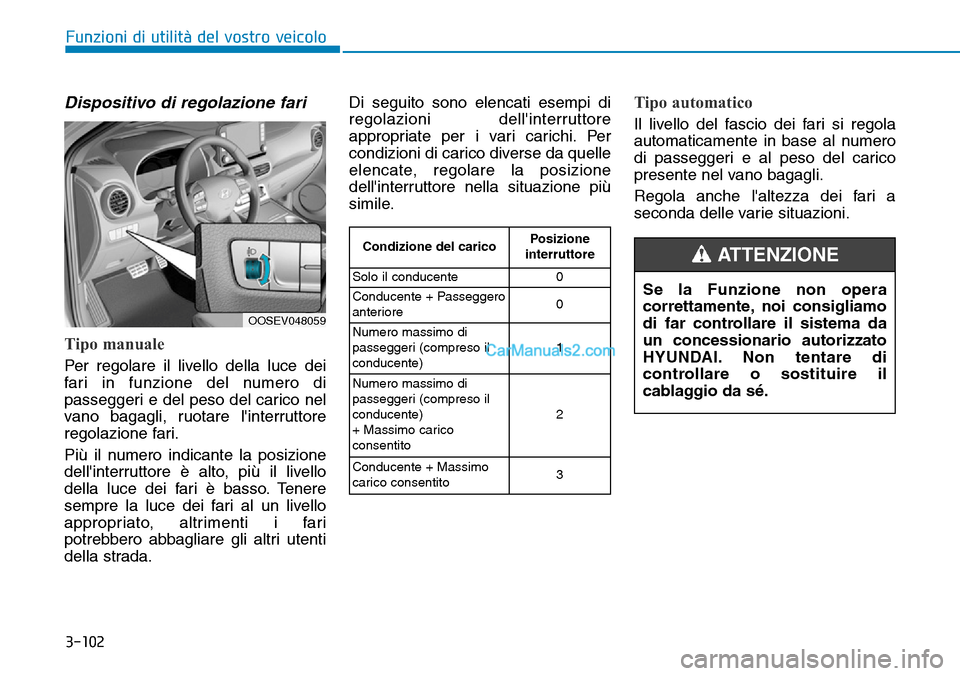 Hyundai Kona EV 2019 Manuale del proprietario (in Italian) 3-102
Funzioni di utilità del vostro veicolo
Dispositivo di regolazione fari
Tipo manuale
Per regolare il livello della luce dei
fari in funzione del numero di
passeggeri e del peso del carico nel
va Hyundai Kona EV 2019 Manuale del proprietario (in Italian) 3-102
Funzioni di utilità del vostro veicolo
Dispositivo di regolazione fari
Tipo manuale
Per regolare il livello della luce dei
fari in funzione del numero di
passeggeri e del peso del carico nel
va